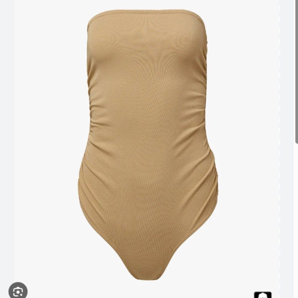 BNWT - WEWOREWHAT BEIGE NUDE TAN CREAM RUCHED STRAPLESS COTTON BODYSUIT - XXL